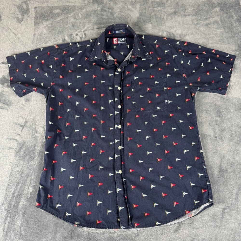 Chaps Ralph Lauren Flags All Over Print Navy Short Sleeve Shirt Men's Sz M